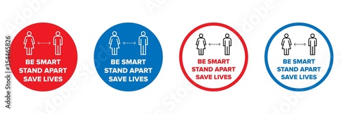 Floor decals social distancing stickers, 2m metres distance vector graphic. Sign or floor sticker. Red, blue. For use in Schools, Hospitals, Shops, Gym, Leisure, Retail. Coronavirus covid-19