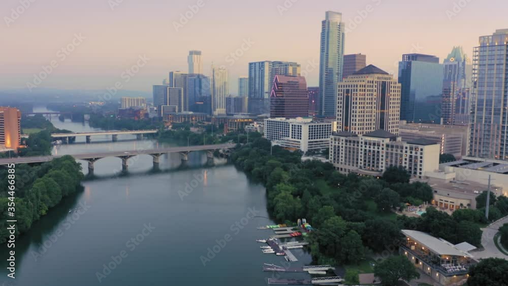 Aerial: Lady Bird Lake & downtown Austin at sunrise. Texas, USA Aerial: Lady Bird Lake & downtown Austin at sunrise. Texas, USA