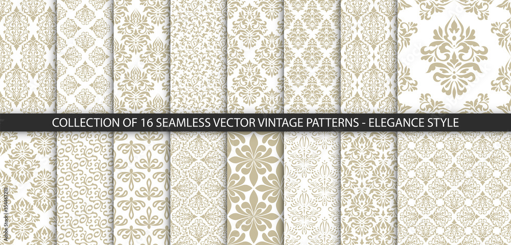 Collection of 16 floral vintage patterns. Baroque, damask wallpapers. Seamless vector backgrounds. Elegance luxury victorian style textures. - obrazy, fototapety, plakaty 