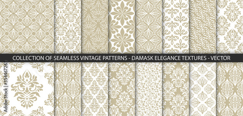 Collection of 16 floral vintage patterns. Baroque, damask wallpapers. Seamless vector backgrounds. Elegance luxury victorian style textures.