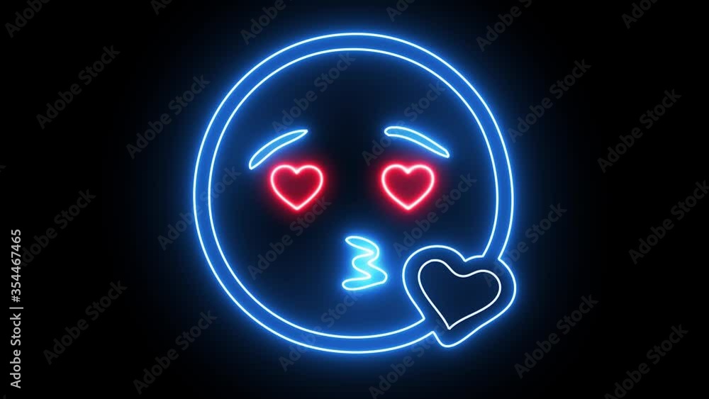 Neon emoji face, smiling sign and sending heart kiss. Web character with neon, glowing light. Isolated smiley face. Neon emoji face, smiling sign and sending heart kiss. Web character with neon, glowing light. Isolated smiley face.