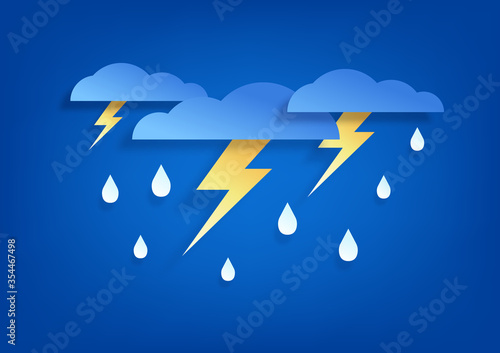 Sky and lightning in the rainy season. Paper art cloud and rain on blue background.