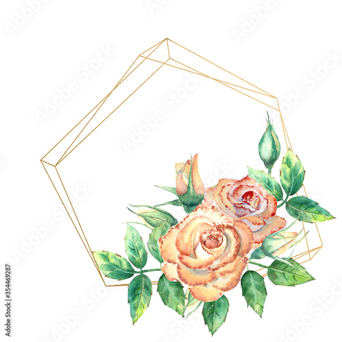 Gold geometric frame decorated with flowers. Peach roses, green leaves, open ...