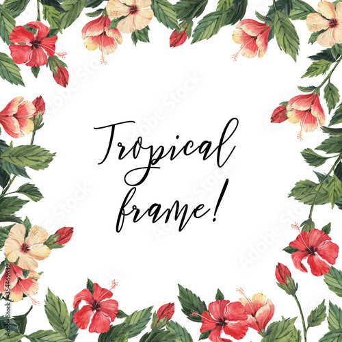 Frame with beautiful watercolor tropical flowers and leaves. Tropics. Realistic tropical leaves. Tropical flowers.