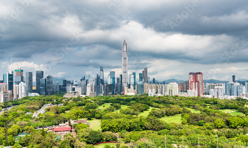 Skyline of high-rise urban skyline in Nanshan District, Shenzhen, China under clear sky © hu