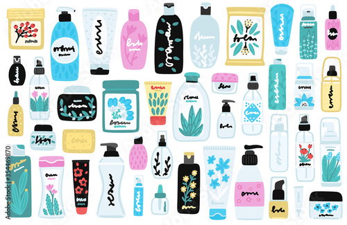 Vector set of isolated cosmetic products. Natural cosmetics. Beauty care. Flat hand drawn elements is for advertising banner, post on social network, stickers, flyer, website design for cosmetic store