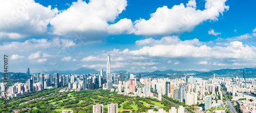 Skyline of high-rise urban skyline in Nanshan District  Shenzhen  China under clear sky