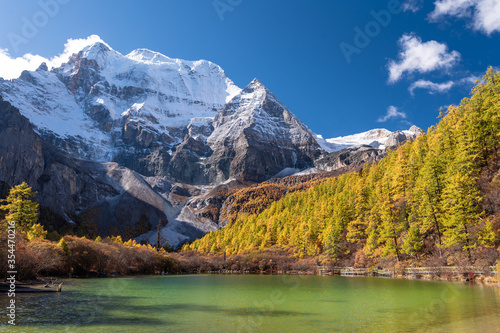 Beautiful Autumn scene of pearl lake in Daocheng Yading National park, Sichuan, China © structuresxx
