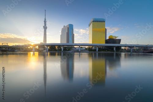 Tokyo skyline with the Sumida River in morning in Japan.