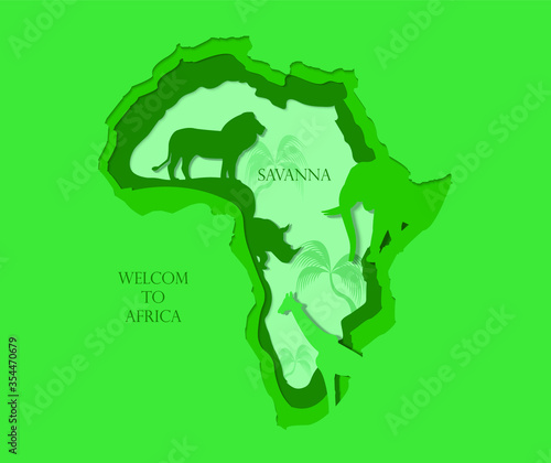 Paper cut of Welcome to Africa. Africa has savanna meadows that are home to many wildlife. Both carnivores and herbivores such as lions, elephants, rhinos, giraffe.