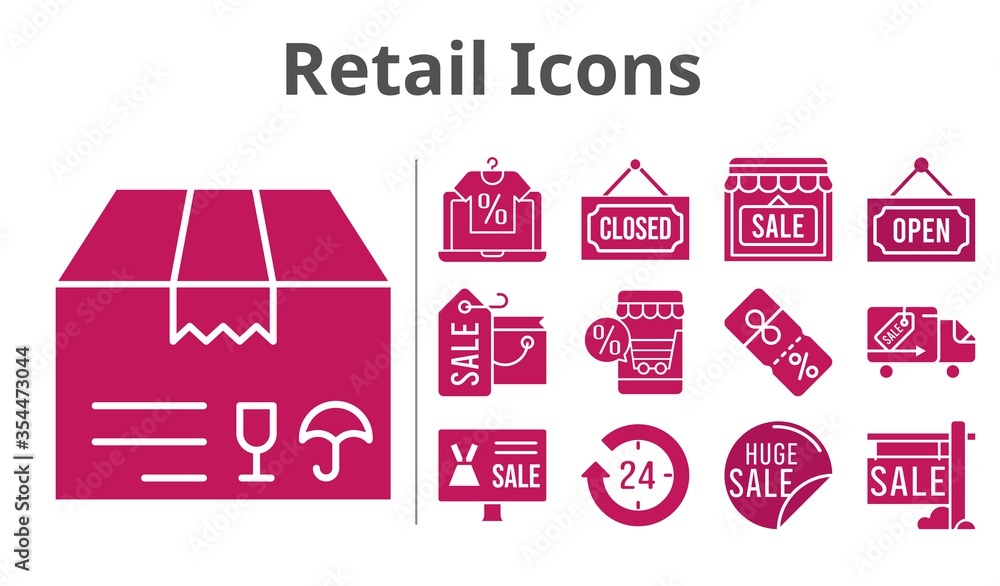 Fototapeta premium retail icons set. included online shop, shopping bag, 24-hours, sale, package, shop, closed, discount, delivery truck, open icons. filled styles.