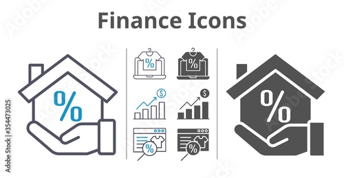 finance icons icon set included online shop, profits, mortgage icons