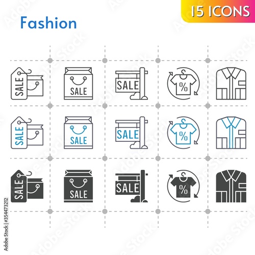 fashion icon set. included shopping bag, sale, shirt icons on white background. linear, bicolor, filled styles.