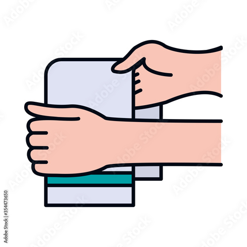 handswashing concept, hands drying off with a towel over white background, line and fill style