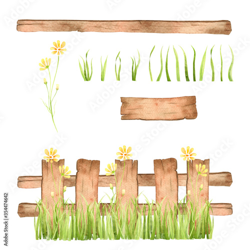 Wooden fence with grass and yellow flower watercolor illustration with isolated parts.