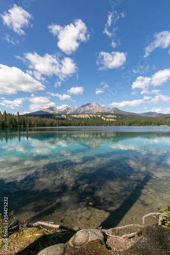 Shoreline view of Lake Annette in Jasper National Park, Canada