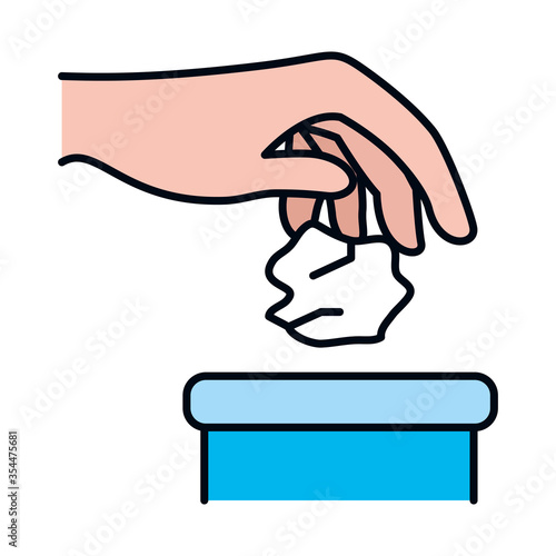 hand throwing away a paper towel icon, line and fill style