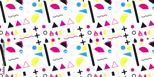 Memphis geometric shapes patterns. Memphis design elements. Retro funky graphic, 90s trends designs and vintage geometric print illustration element. Colorful memphis style backgrounds vector.