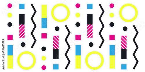 Memphis geometric shapes patterns. Memphis design elements. Retro funky graphic, 90s trends designs and vintage geometric print illustration element. Colorful memphis style backgrounds vector.