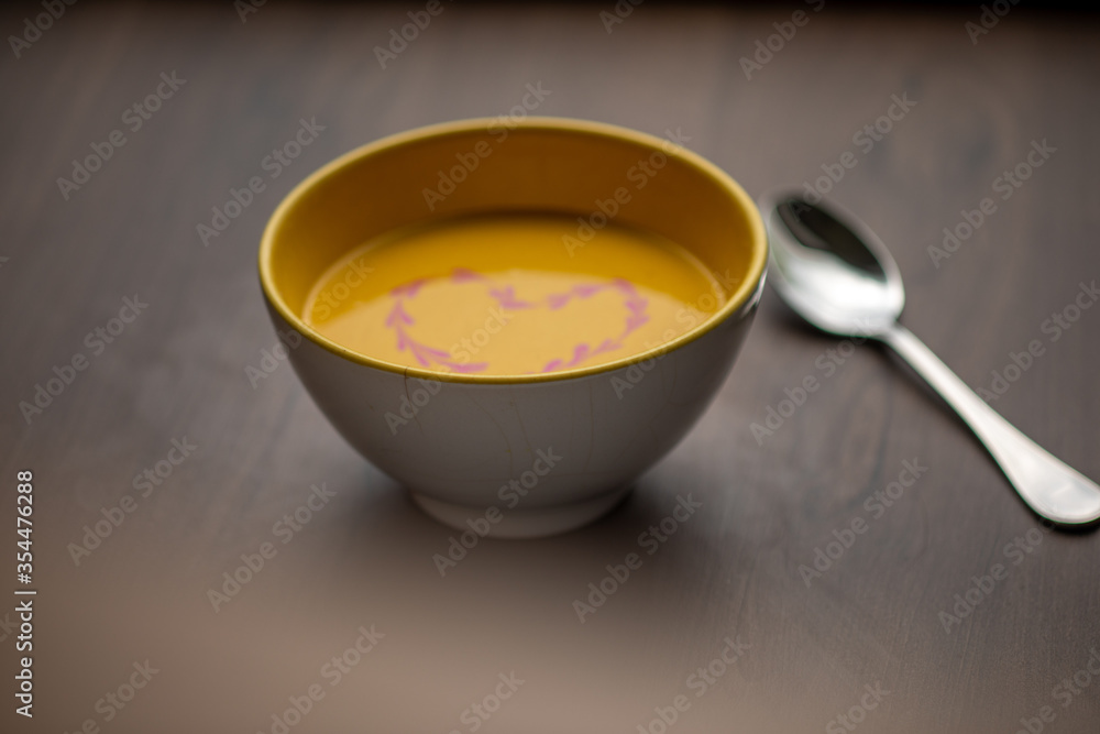 Vegetarian autumn - Pumpkin cream soup with hearth decoration Vegetarian autumn - Pumpkin cream soup with hearth decoration