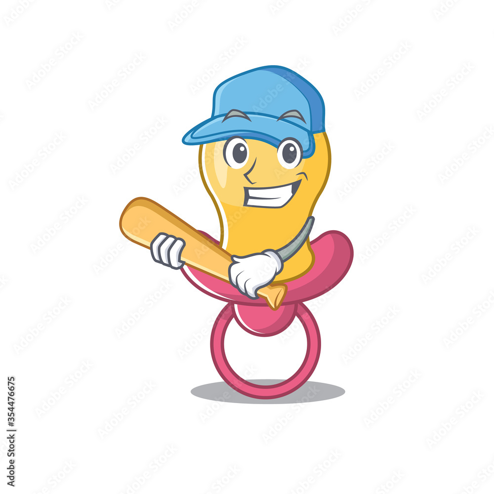 Attractive baby pacifier caricature character playing baseball