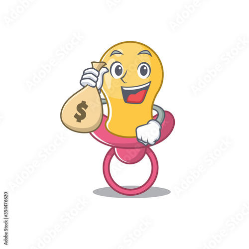 Crazy rich baby pacifier mascot design having money bags