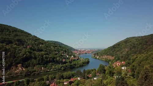 Descending over beautiful landscape with river between two mountains, Heidelberg Germany. photo