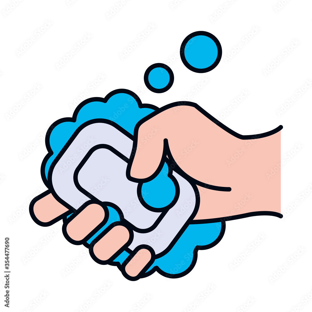 hand holding a soap bar with soapy water, line and fill style hand holding a soap bar with soapy water, line and fill style