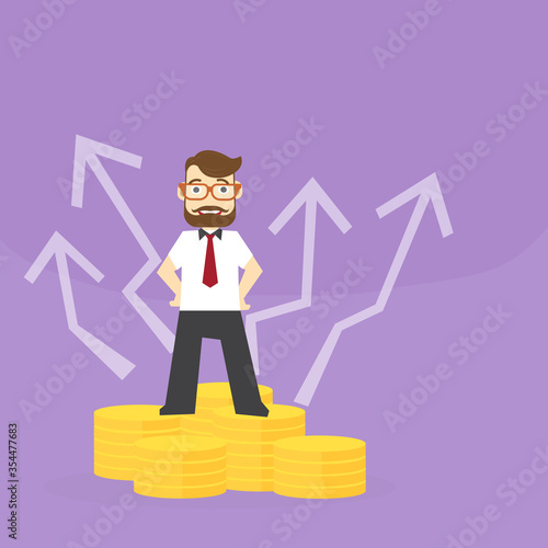 Confidence Business people stand on money, representing the start of investment or start up business with investment graphs in the background.