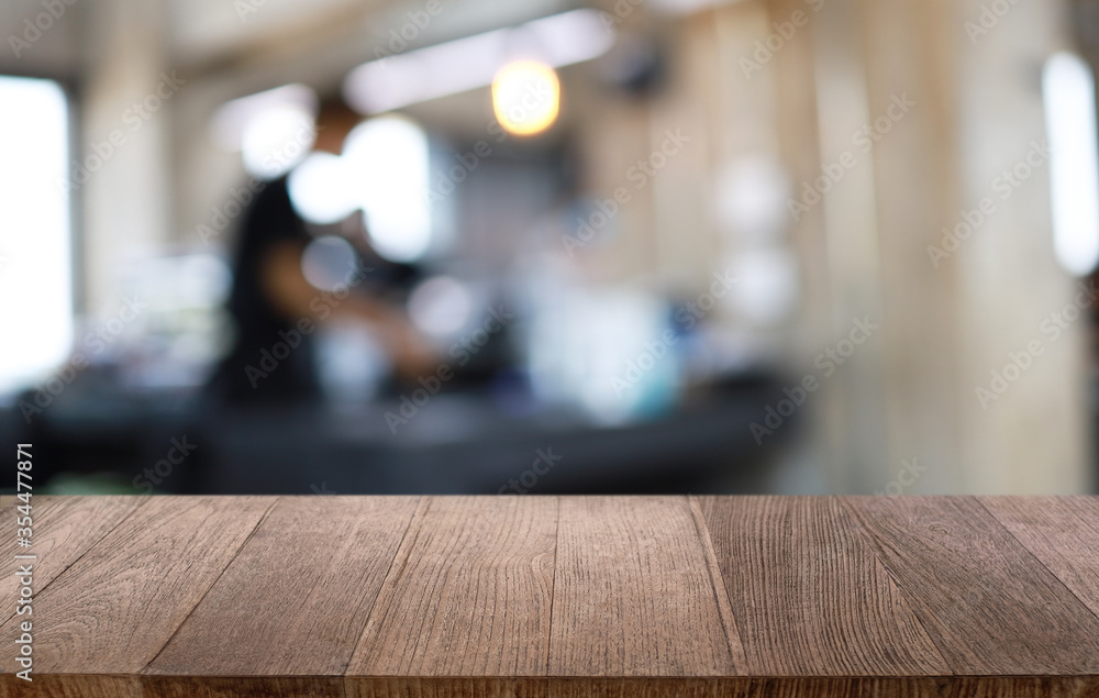 Wood Table Top in Blur Background room interior with empty copy space.