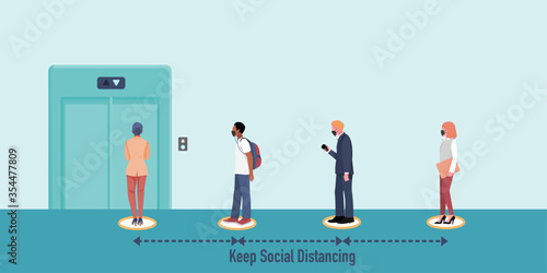 Office people wearing mask keep social distancing while queueing at elevator (lift).