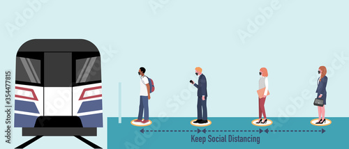 Office people wearing mask keep social distancing while queueing at train (railway) station platform.