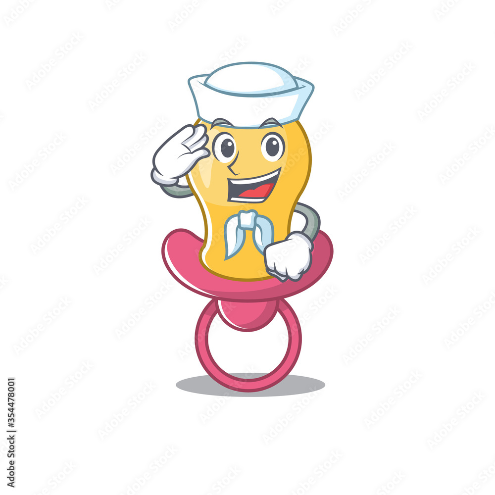 Smiley sailor cartoon character of baby pacifier wearing white hat and tie