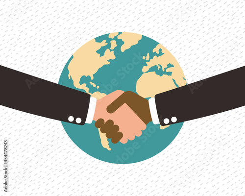 Two businessman shaking hands on green world icon and white background. Business handshake for partner deal concept. agreement for our world. better world. Vector illustration