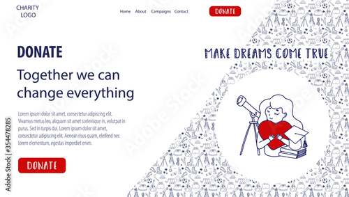 Vector website template for Charity education and Donate online with doodle illustration.