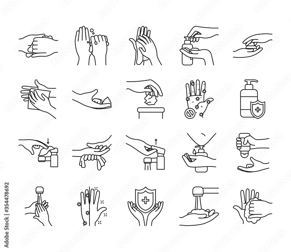 Plakat faucet and handwashing icon set, line style