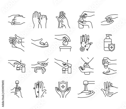 faucet and handwashing icon set, line style