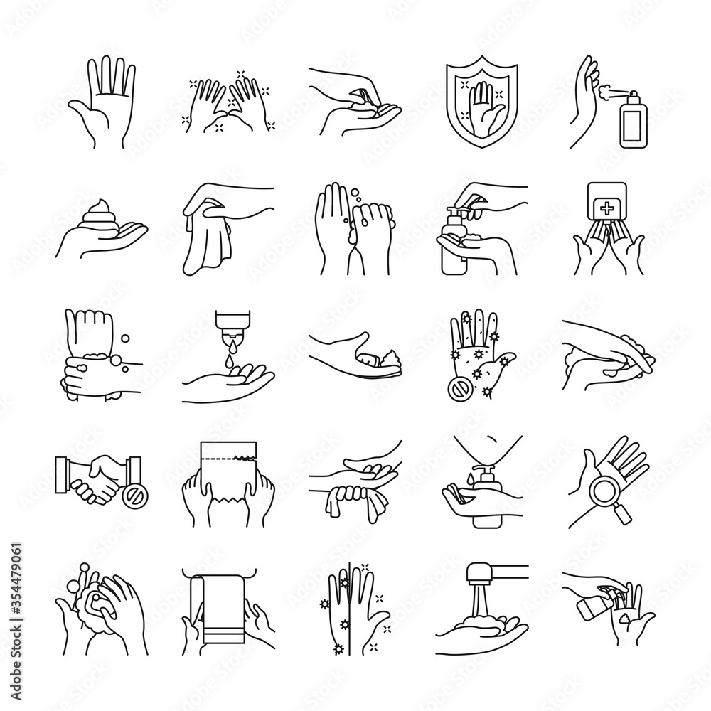 Plakat paper tissues and handswashing icon set, line style