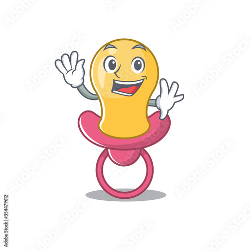 A charming baby pacifier mascot design style smiling and waving hand