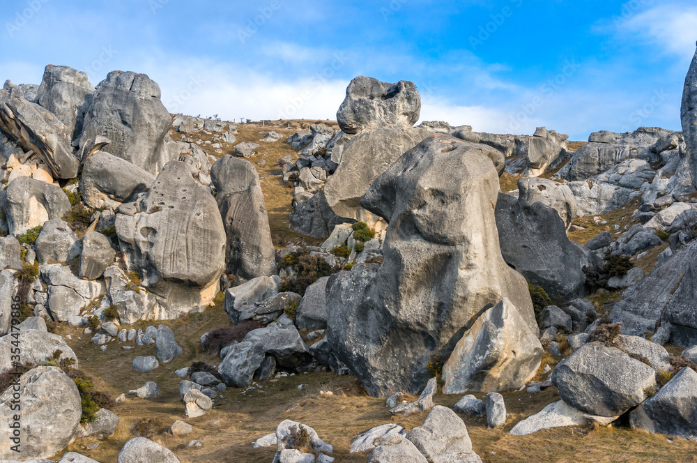 Huge limestone boulders, megalith rock formations in New Zealand