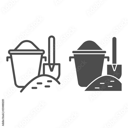 Bucket with sand and shovel line and solid icon, summer concept, sand in bucket on beach sign on white background, toys for sandbox icon in outline style for mobile and web design. Vector graphics.