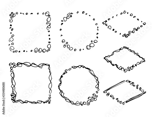 Hand-drawn simple vector set. Round, square, rhomboid frames isolated on a white background. Sketch, doodle, curls, bubbles.