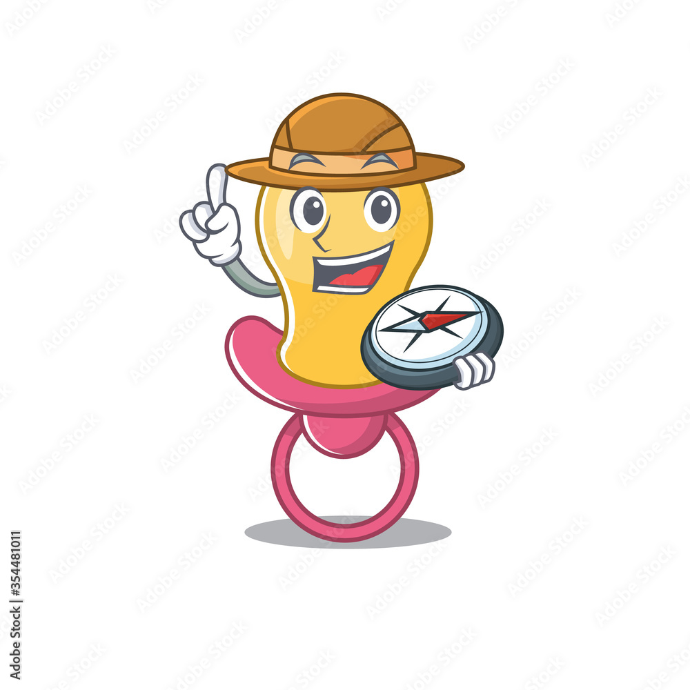 mascot design concept of baby pacifier explorer using a compass in the forest mascot design concept of baby pacifier explorer using a compass in the forest
