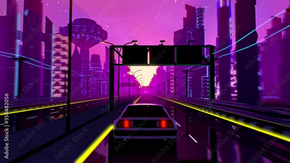 Retro-futuristic 80s style drive in neon city. Seamless loop of cyberpunk sunset landscape with a moving car on a highway road. VJ synthwave looping 3D animation for music video. 4K stylized vintage