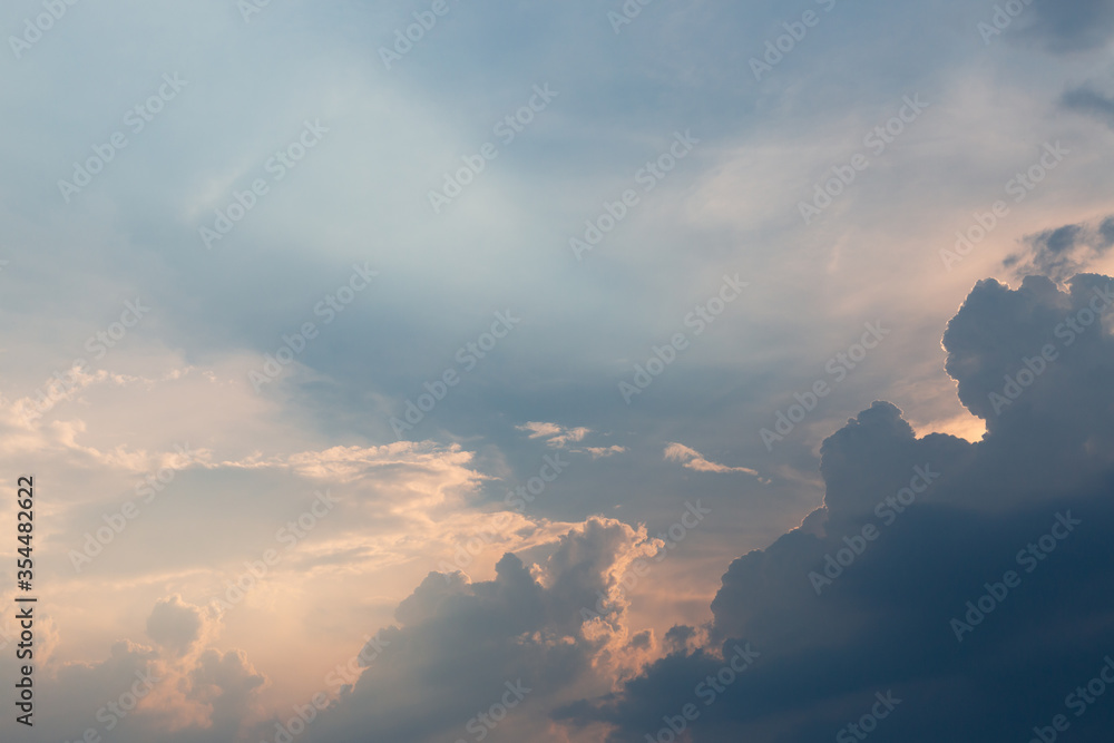 Beautiful dramatic gray and white clouds on blue sky, variety of shapes, silhouettes and shades at sunset time
Beautiful dramatic gray and white clouds on blue sky, variety of shapes, silhouettes and shades at sunset time