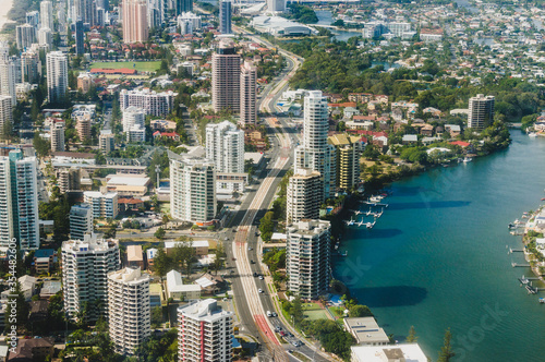 Aerial view of Gold Coast Surfers Paradise lagoon and city