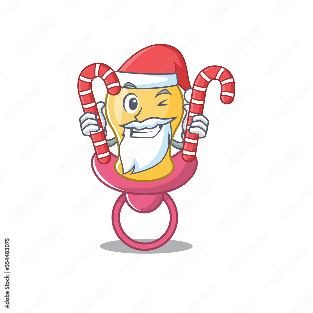 Friendly baby pacifier dressed in Santa Cartoon character with Christmas candies