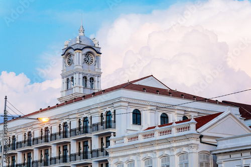 Close up view of clock tower with blue sky in George Town Penang