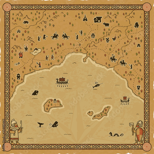 Vintage Viking raid map with characters, castles, creatures, ships and more. Drawn on a square parchment background with an ornate medieval frame. photo