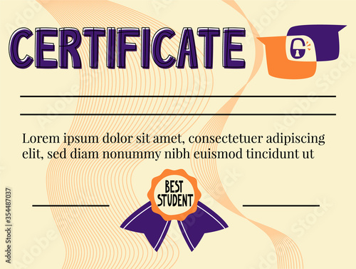 Vector flat certificate template for teaching foreign languages or psychology. It shows logo in form of intersecting conversational bubbles and open barn lock, lettering. Standard form. 